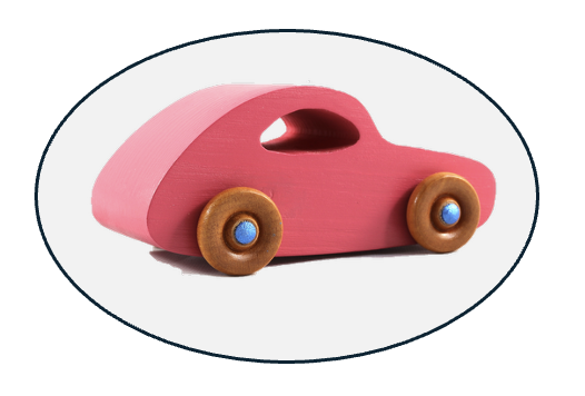 A pink wooden toy car with chunky wooden wheels